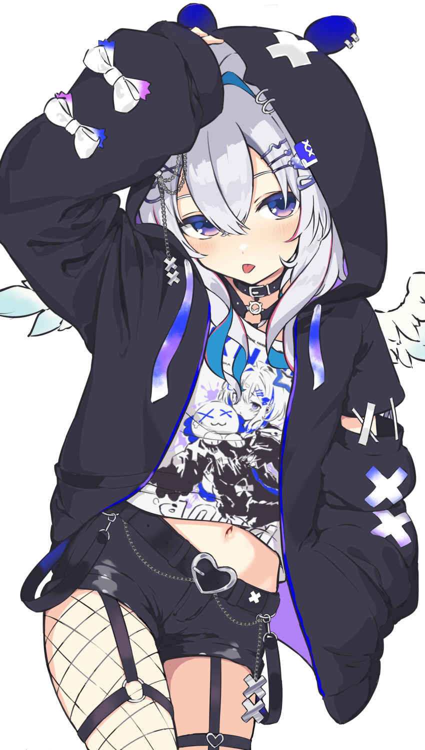 1girl, absurdres, amane_kanata, amane_kanata_(punk_rock), angel, angel_wings, black_hoodie, black_jacket