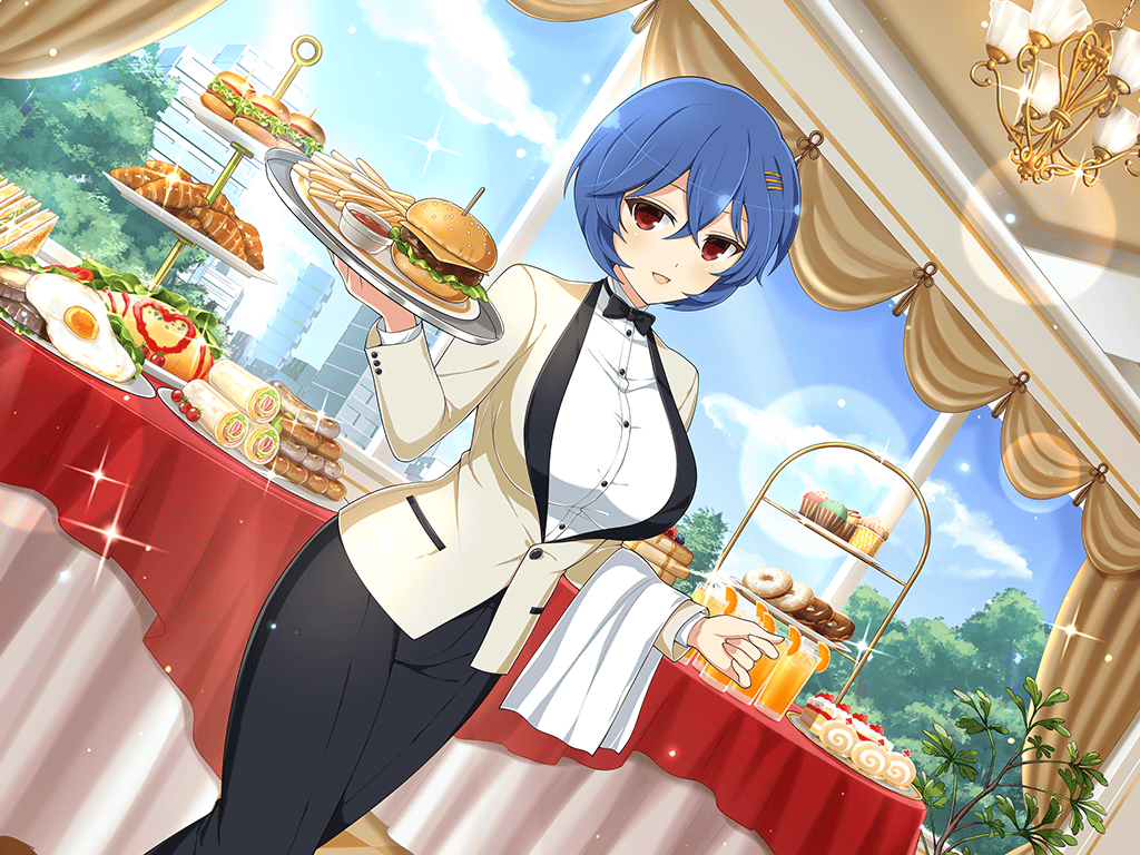 1girl, amane_(senran_kagura), blue_hair, bow, bowtie, breasts, buffet, burger, cake, chandelier, cupcake, day, doughnut, egg, food, french_fries, hair_ornament, hairpin, holding, holding_tray, indoors, jacket, juice, ketchup, large_breasts, light_blush, looking_at_viewer, multiple_hairpins, non-web_source, official_art, omelet, omurice, open_mouth, orange_juice, red_eyes, sandwich, senran_kagura, senran_kagura_new_link, short_hair, smile, suit, suit_jacket, swiss_roll, table, tray, tree, waitress