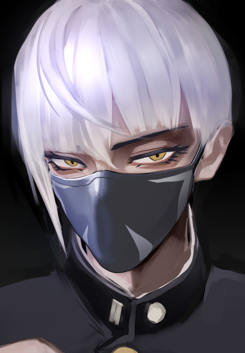 1boy, asymmetrical_bangs, black_background, choppy_bangs, commentary_request, eyelashes, half-closed_eyes, highres