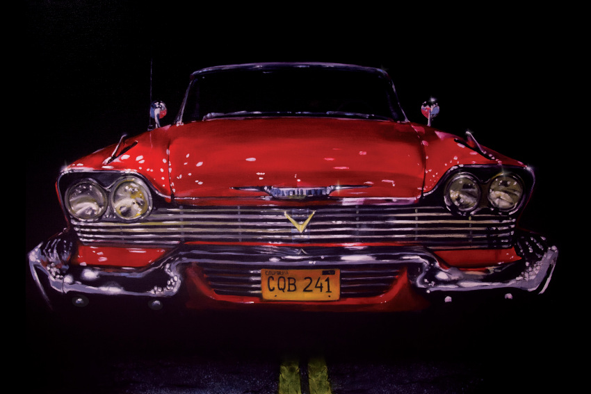 absurdres, black_background, butcherbirdart, car, christine_(1983_film), english_commentary, highres, incredibly_absurdres