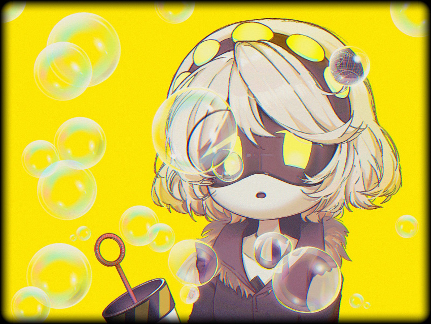 1girl, aida_(aidacamelia0516), android, black_hairband, black_jacket, blowing_bubbles, bubble_wand, hairband