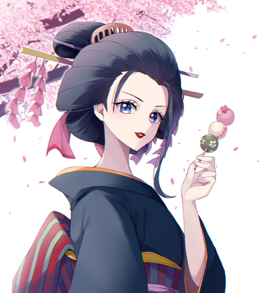 1girl, absurdres, black_hair, blue_eyes, cherry_blossoms, crazy_otama, dango, eyelashes, food, geisha, hair_ornament, highres, holding, holding_food, kanzashi, looking_at_viewer, nico_robin, obi, one_piece, profile, red_lips, sash, sidelocks, smile, solo, upper_body, wagashi