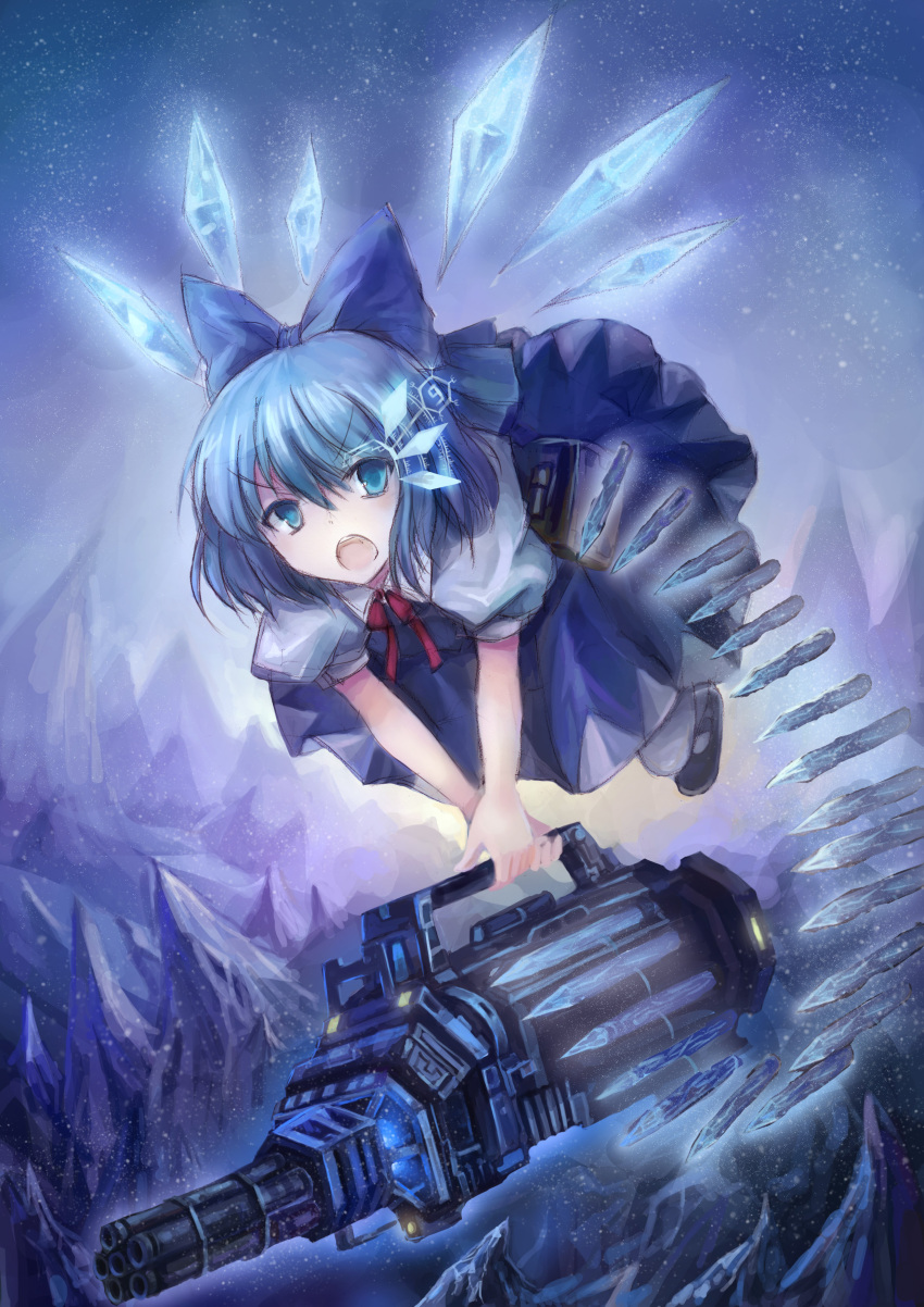 ?, absurdres, blue, blue_eyes, blue_hair, bow, bullet, chain_gun, cirno, flying, gun, hair_bow, highres, ice, mountain, night, open_mouth, oto_taku, short_hair, solo, touhou, weapon, wings, yinzhai, ⑨