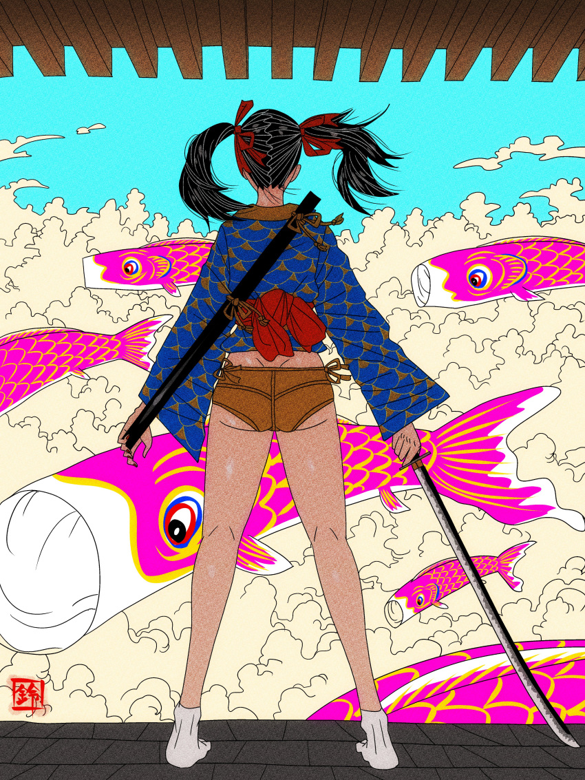 1girl, absurdres, back, black_hair, highres, holding, holding_sword, holding_weapon