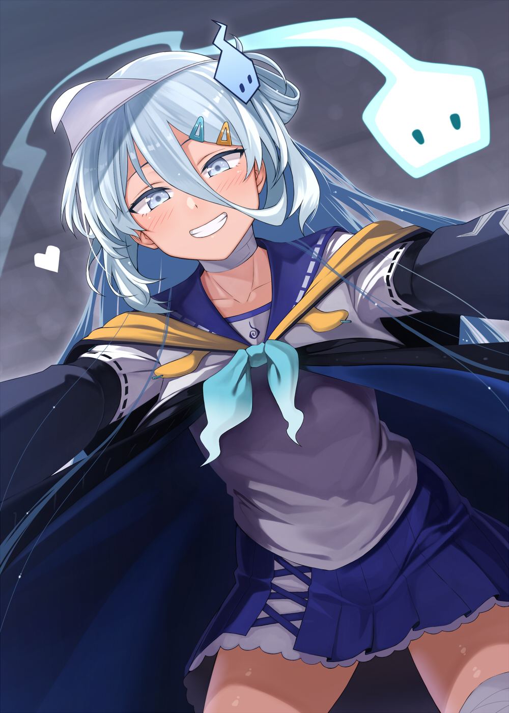 1girl, bandaged_neck, bandages, blue_cloak, blue_sailor_collar, blue_skirt, blush, breasts