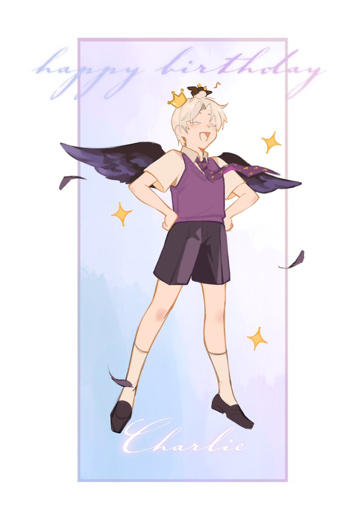 1boy, aged_down, animal_on_head, bird, bird_on_head, bird_wings, black_footwear, border