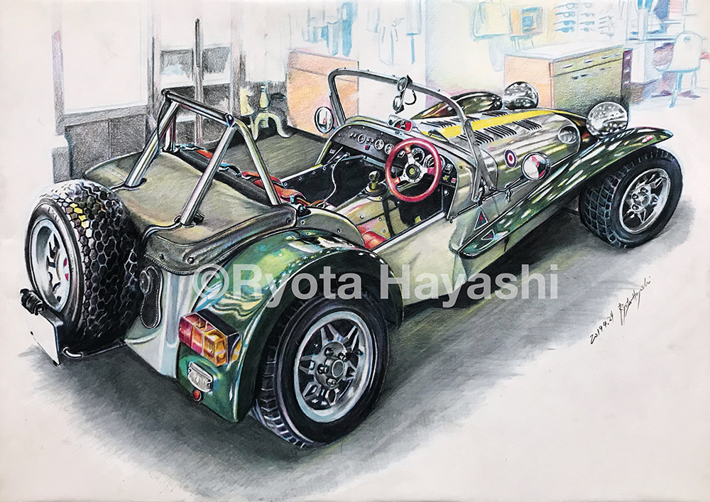 artist_name, car, caterham, caterham_7, chair, colored_pencil_(medium), dated, from_behind