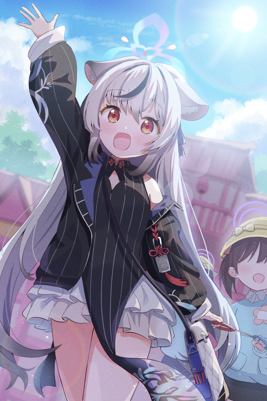3girls, animal_ears, arm_up, black_dress, black_hair, black_jacket, blue_archive, blue_halo