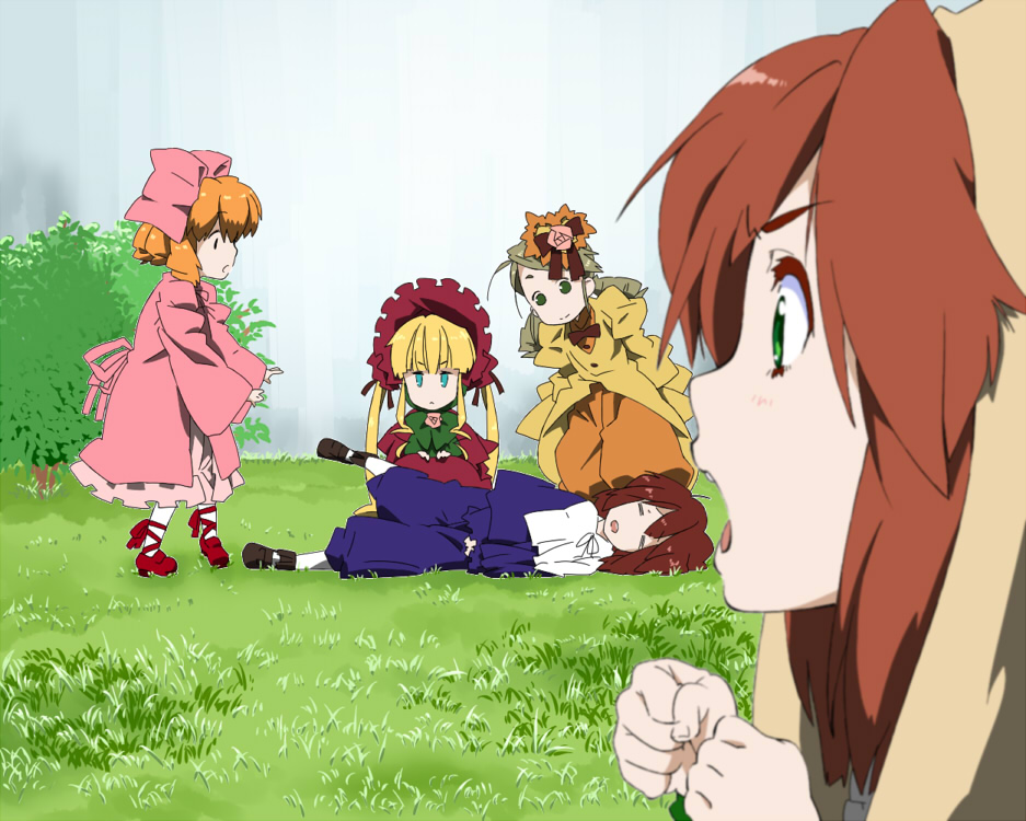 blue_eyes, bonnet, brown_hair, closed_eyes, derivative_work, dress, drill_hair, green_eyes, green_hair, hair_ornament, hairband, hina_ichigo, k-on!, kanaria, long_hair, lying, nonon_(hige-hige), on_side, open_mouth, parody, perspective, rozen_maiden, shinku, short_hair, souseiseki, style_parody, suiseiseki, twin_drills