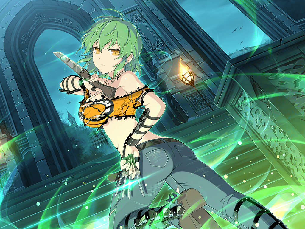 1girl, architecture, aura, belt, breast_tattoo, breasts, denim, fighting_stance