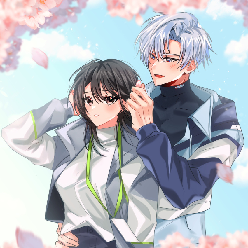18trip, 1boy, 1girl, 4al0me, black_hair, blue_sky, blush, brown_eyes