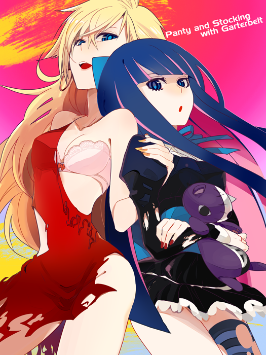 bad_id, blonde_hair, blue_eyes, blue_hair, bra, darao, honekoneko_(psg), lingerie