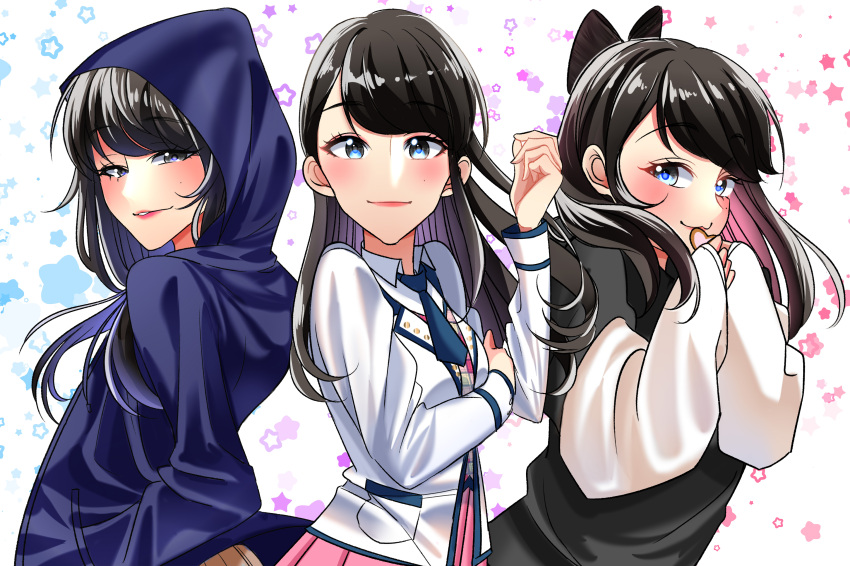 absurdres, aria_arioso, black_bow, black_hair, blue_eyes, blue_jacket, bnk48, bow, cherprang_areekul, colored_inner_hair, hand_up, highres, hood, hooded_jacket, jacket, lipstick, long_hair, long_sleeves, makeup, multicolored_hair, parted_bangs, pink_hair, pink_skirt, purple_hair, skirt, smile, standing, violet_eyes, white_sleeves