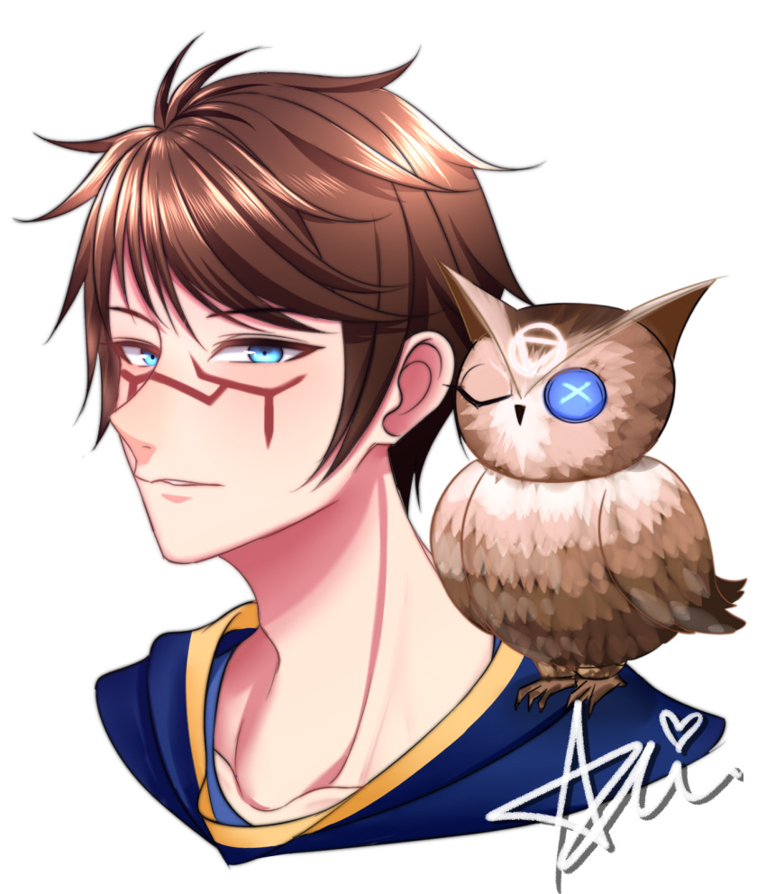 1boy, animal_on_shoulder, aria_arioso, bird, bird_on_shoulder, blue_eyes, brown_hair, button_eyes