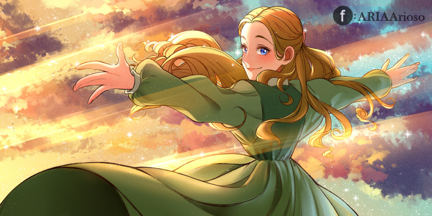 1girl, aria_arioso, artist_name, blonde_hair, blue_eyes, clouds, dress, facebook_username