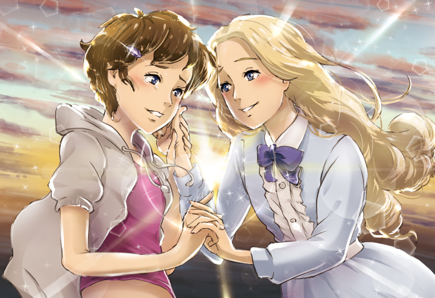 2girls, anna_(omoide_no_marnie), blonde_hair, blue_bow, blue_dress, blue_eyes, blush, bow