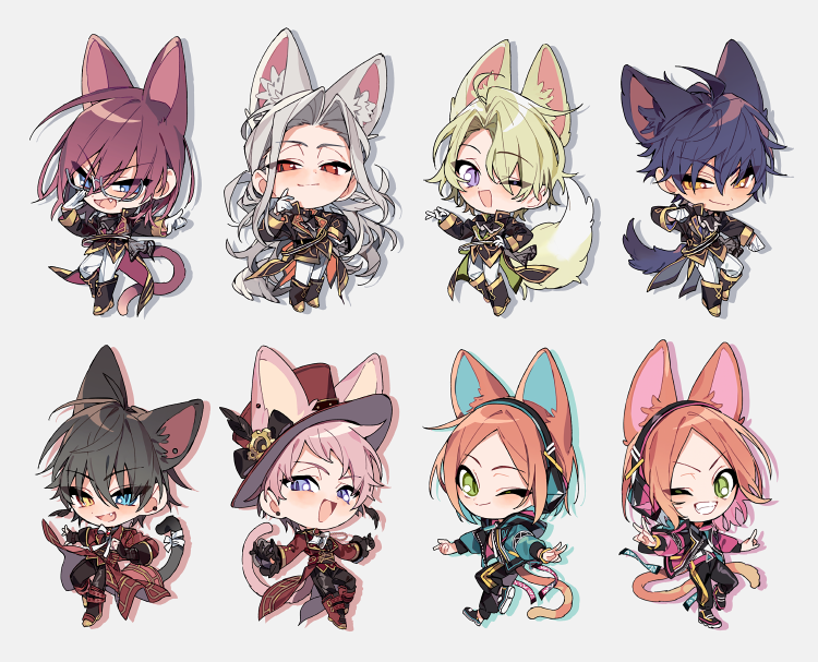 2wink_(ensemble_stars!), 6+boys, animal_ears, aoi_hinata, aoi_yuta, blue_eyes, blue_hair, cat_ears