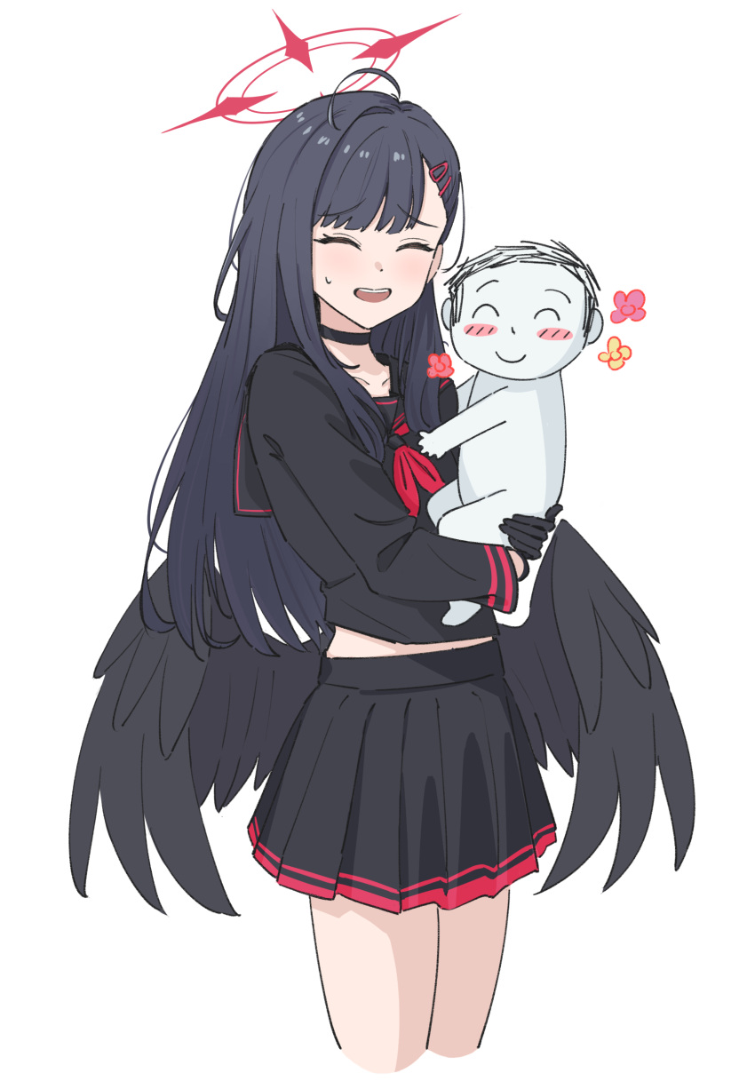 1boy, 1girl, absurdres, black_gloves, blue_archive, doodle_sensei_(blue_archive), feathered_wings, gloves