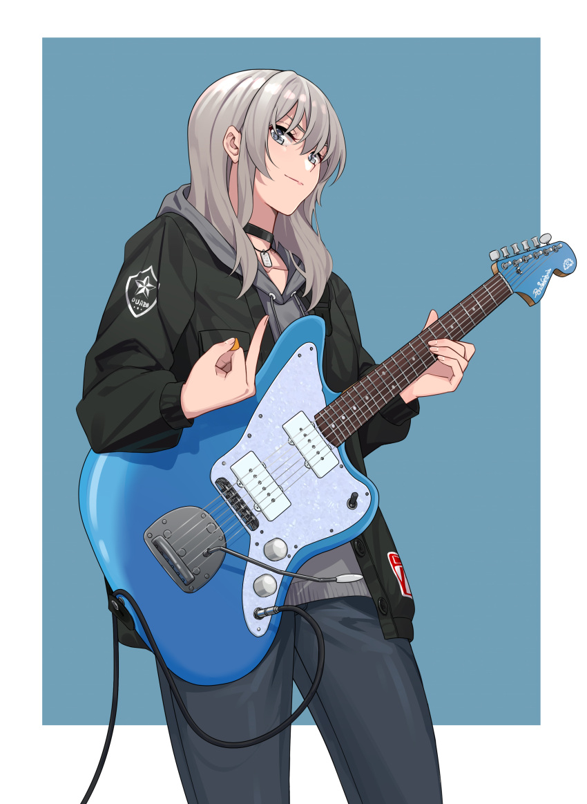 1girl, absurdres, black_choker, black_hoodie, breast_pocket, choker, closed_mouth, denim