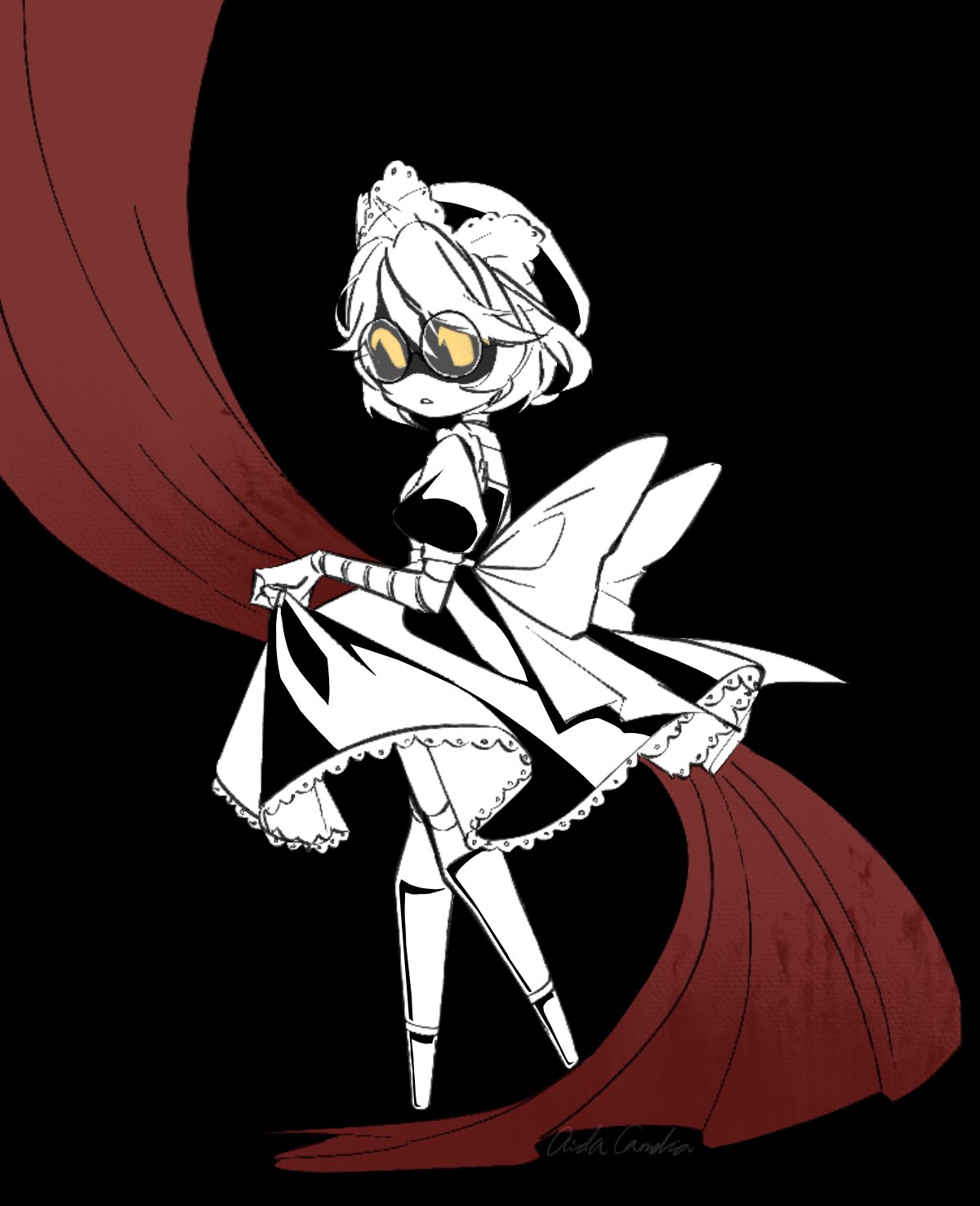 1girl, aida_(aidacamelia0516), android, apron, back_bow, black_background, bow, dress