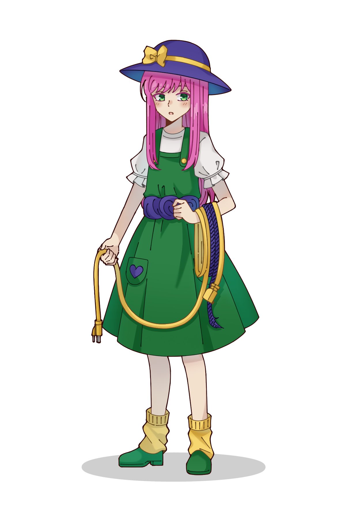 1girl, blue_hat, blush, cable, dress, full_body, green_dress, green_eyes
