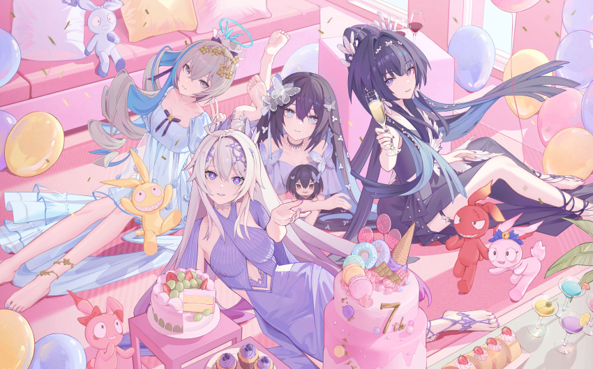 4girls, absurdres, ai_dongdong, alternate_costume, anklet, balloon, bare_shoulders, barefoot