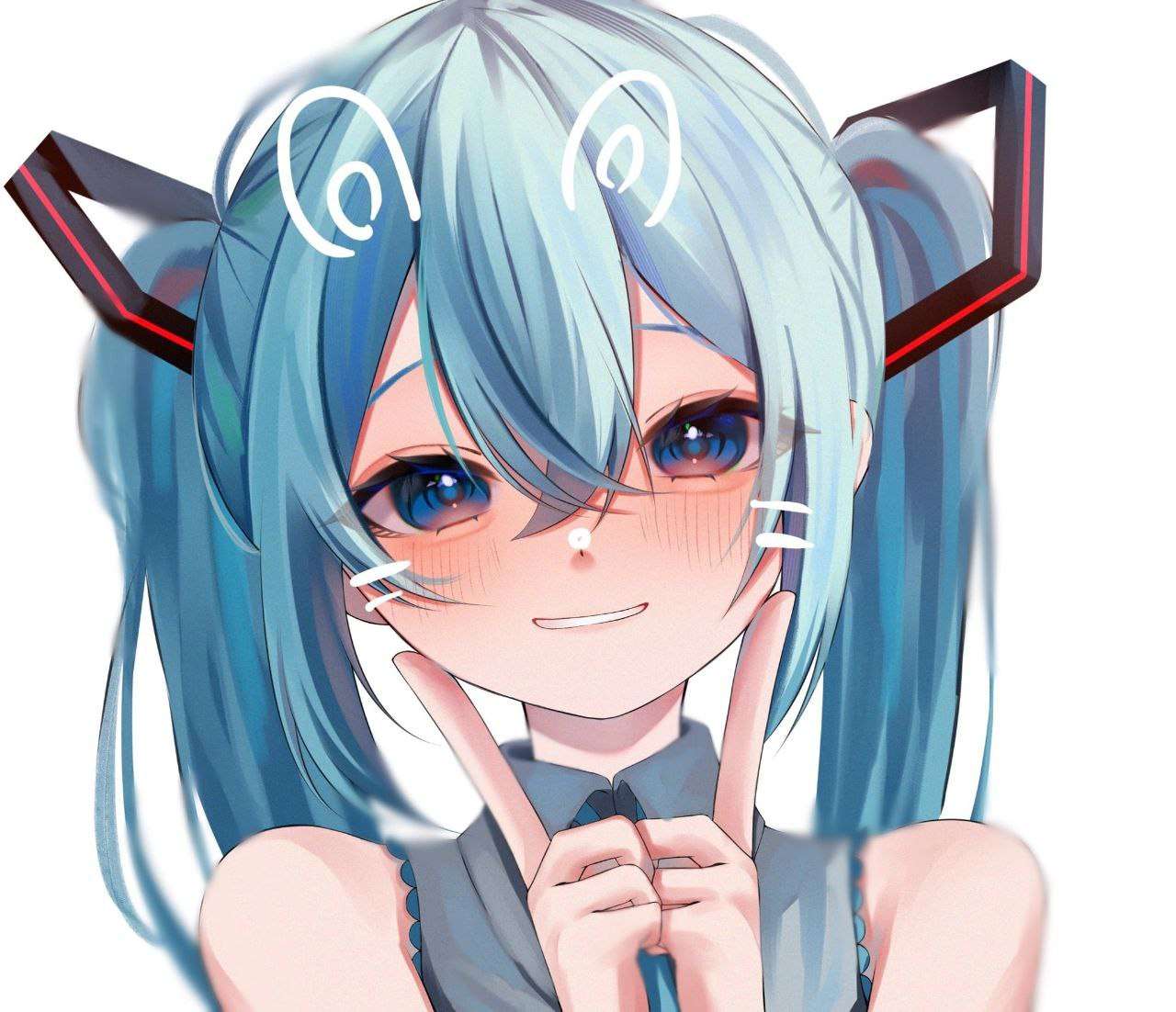 1girl, blue_dress, blue_eyes, blue_hair, blush, cat_ears, detached_sleeves, hatsune_miku