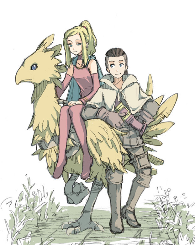 blonde_hair, blue_eyes, boots, cape, chocobo, detached_sleeves, final_fantasy, final_fantasy_tactics