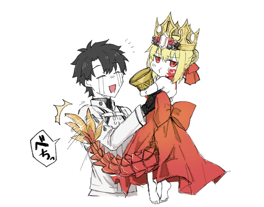 1boy, 1girl, barefoot, black_hair, blonde_hair, carrying, carrying_person, crown, crying, dragon_tail, dress, fate/grand_order, fate_(series), fujimaru_ritsuka_(male), fujimaru_ritsuka_(male)_(decisive_battle_chaldea_uniform), haji1nomo, nero_claudius_(fate), pout, queen_draco_(fate), queen_draco_(first_ascension)_(fate), red_dress, red_eyes, streaming_tears, tail, tail_slapping, tears, white_background