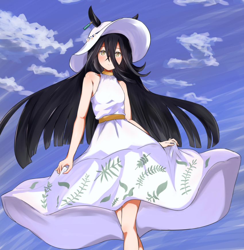 1girl, black_hair, blue_sky, clouds, day, dress, earrings, hair_between_eyes