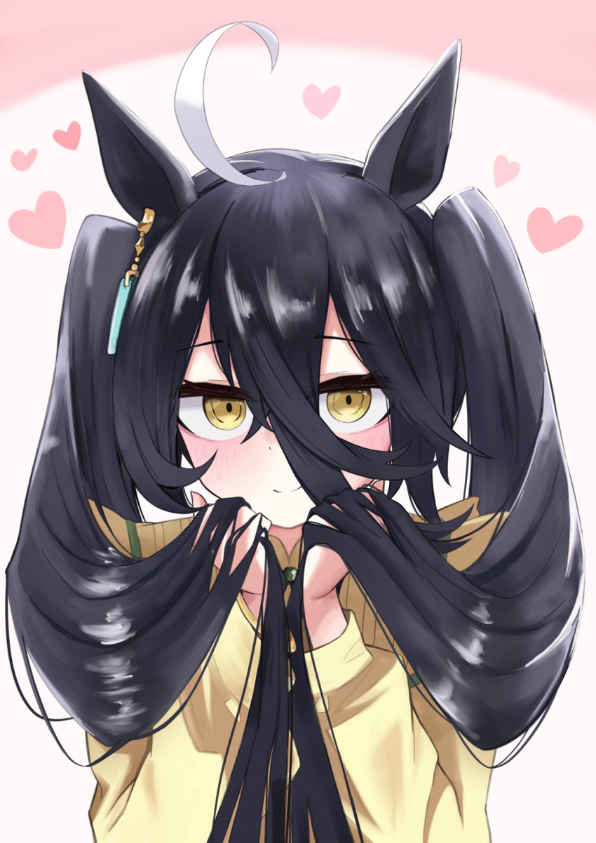 1girl, ahoge, alternate_hairstyle, black_hair, book-16key, earrings, hair_between_eyes, hands_in_hair, heart, highres, horse_girl, jewelry, light_blush, long_hair, looking_at_viewer, manhattan_cafe_(umamusume), multicolored_hair, single_earring, smile, solo, sweater, twintails, two-tone_hair, umamusume, white_hair, yellow_eyes, yellow_sweater