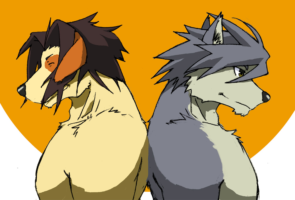 animal_ears, back-to-back, black_hair, closed_eyes, closed_mouth, dog_boy, dog_ears, furry, furry_male, gamma_dh, grey_hair, kouya_aotsuki, kyouji_takahara, male_focus, morenatsu, pectorals, profile, simple_background, smile, third-party_source, toned, topless_male, upper_body, yellow_eyes