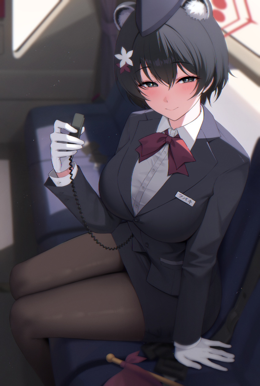 1girl, animal_ears, black_eyes, black_hair, black_jacket, black_pantyhose, black_skirt, blue_archive