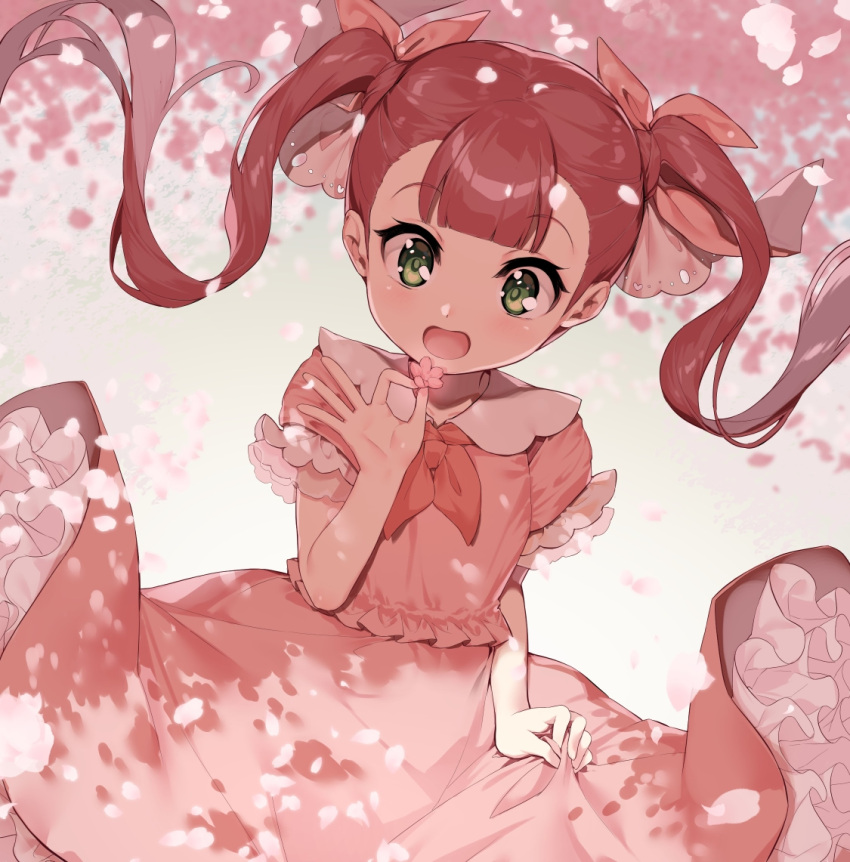 1girl, cherry_blossoms, clothes_lift, dress, dress_lift, flower, frilled_dress, frills, green_eyes, happy, lolita_fashion, long_hair, original, pedopetton, petals, pink_dress, pink_theme, redhead, short_sleeves, smile, solo, spring_(season), twintails
