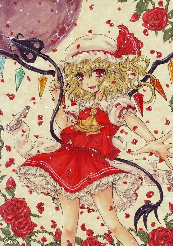 1girl, ascot, back_bow, bow, collared_shirt, feet_out_of_frame, flandre_scarlet, flower, frilled_shirt_collar, frilled_skirt, frilled_sleeves, frills, hair_between_eyes, hat, hat_ribbon, holding, holding_polearm, holding_weapon, laevatein_(touhou), large_bow, looking_at_viewer, mob_cap, multicolored_wings, open_mouth, polearm, puffy_short_sleeves, puffy_sleeves, red_eyes, red_flower, red_ribbon, red_rose, red_skirt, red_vest, ribbon, rose, shirt, short_sleeves, skirt, sleeve_ribbon, thorns, touhou, vest, weapon, white_bow, white_hat, white_shirt, wings, yellow_ascot, yukito_lin