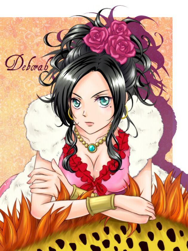 black_hair, blue_eyes, boa, borongo, bow, bracelet, breasts, cleavage