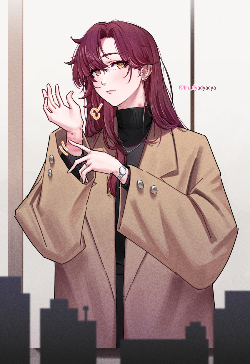 1girl, alternate_costume, black_shirt, brown_coat, brown_hair, closed_mouth, coat, dyadyadya