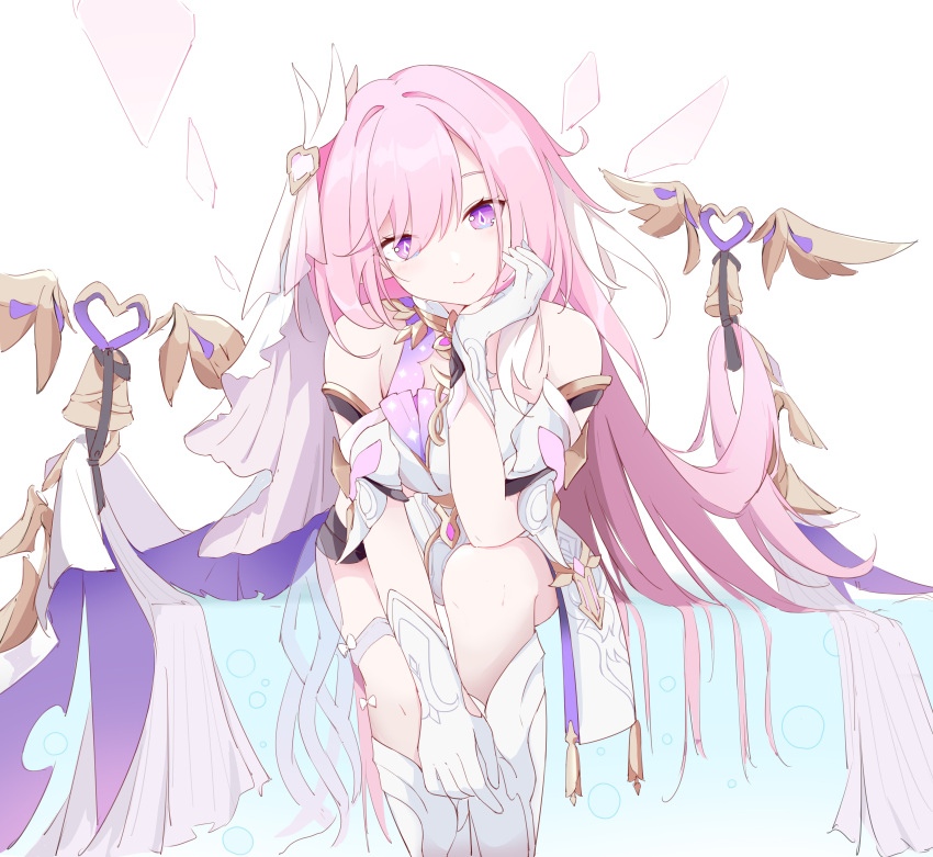 1girl, absurdres, bare_shoulders, closed_mouth, dress, elysia_(herrscher_of_human:_ego)_(honkai_impact), elysia_(honkai_impact), gloves, hair_ornament, hand_on_own_chin, highres, honkai_(series), honkai_impact_3rd, leaning_forward, liliya_qiaokuoai, looking_at_viewer, pink_eyes, pink_hair, simple_background, smile, solo, white_background, white_dress, white_gloves