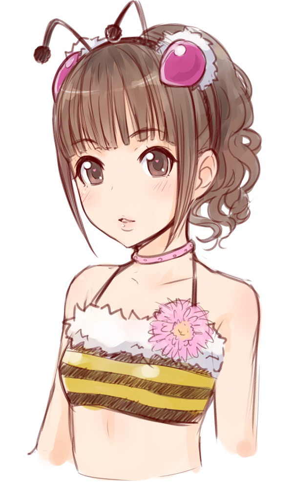 bangs, bare_shoulders, bee_girl, blunt_bangs, blush, brown_eyes, brown_hair, bust