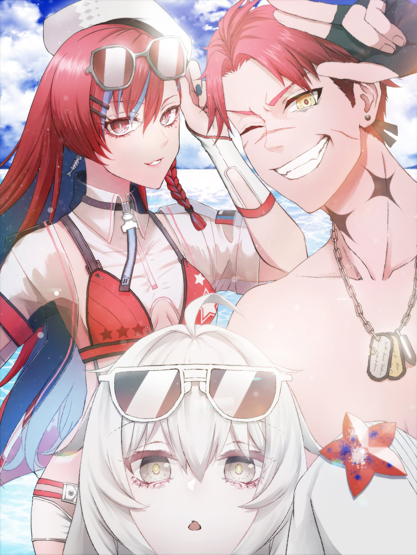 1boy, 2girls, absurdres, ahoge, asymmetrical_bangs, beret, black_gloves, blue_hair