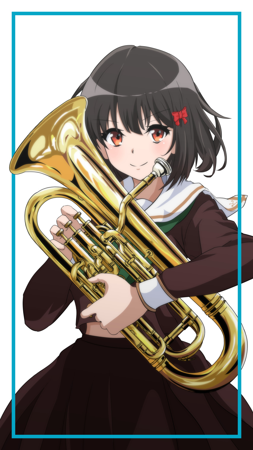 1girl, absurdres, black_hair, bow, euphonium, hair_bow, hibike!_euphonium, highres, hisaishi_kanade, holding, holding_instrument, instrument, medium_hair, midriff_peek, red_eyes, school_uniform, smile, takuru