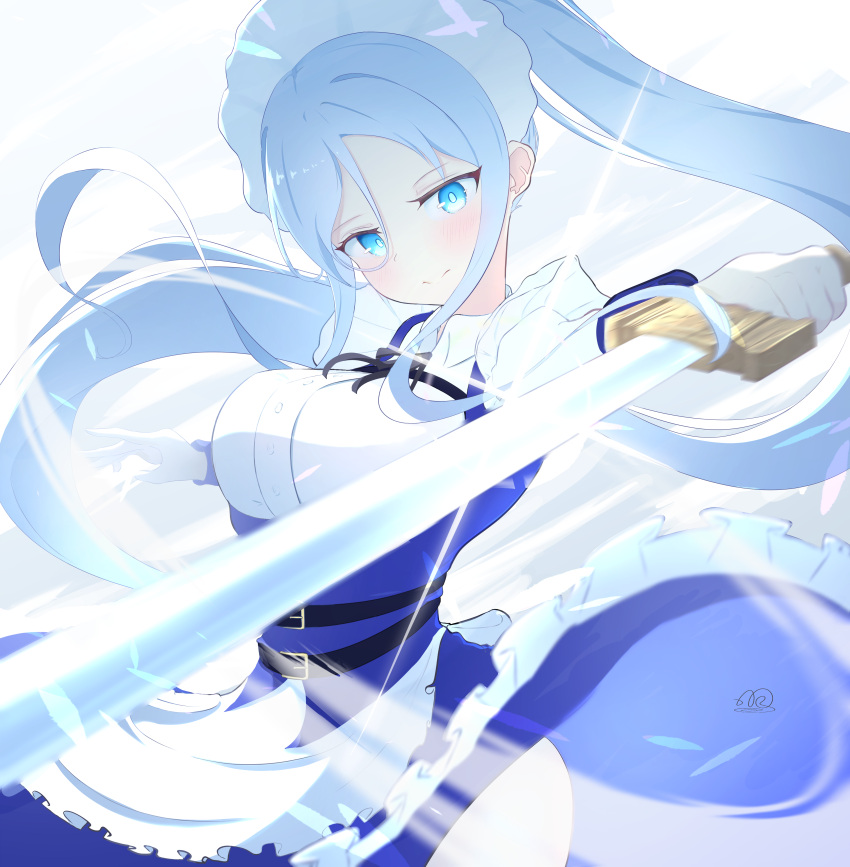 1girl, absurdres, belt, blue_dress, blue_eyes, blue_hair, blush, breasts, closed_mouth, dress, feet_out_of_frame, frilled_dress, frills, gloves, glowing, glowing_weapon, hair_between_eyes, highres, holding, holding_sword, holding_weapon, large_breasts, long_hair, maid, maid_headdress, shirt, signature, simple_background, solo, sword, sylpha_(dai_nana_oji), tensei_shitara_dai_nana_oji_datta_no_de:_kimama_ni_majutsu_o_kiwamemasu, upper_body, very_long_hair, weapon, white_gloves, white_headdress, white_shirt, yue_(user_csgz8434)