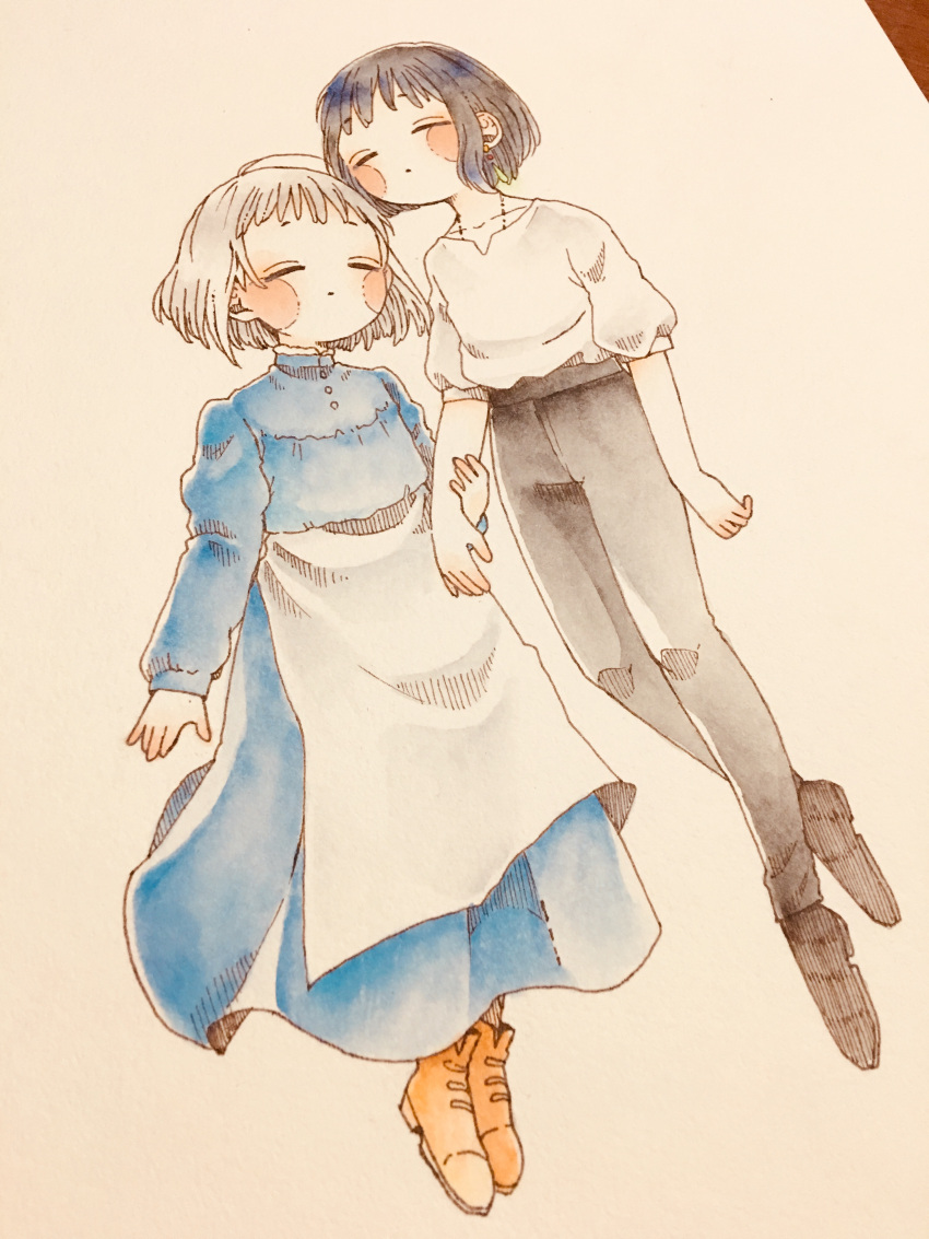 1boy, 1girl, absurdres, black_footwear, black_hair, black_pants, blue_dress, blush_stickers