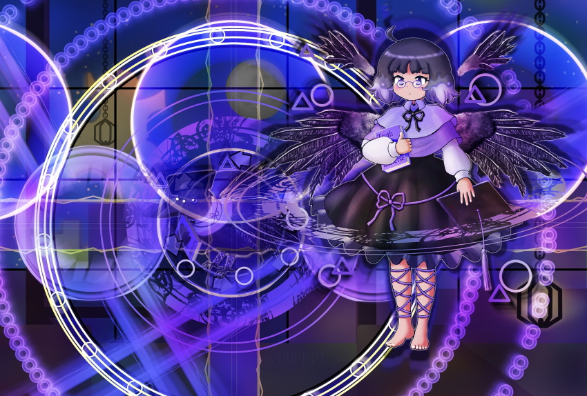 1girl, ahoge, barefoot, black_ribbon, black_skirt, black_wings, blunt_bangs, blush