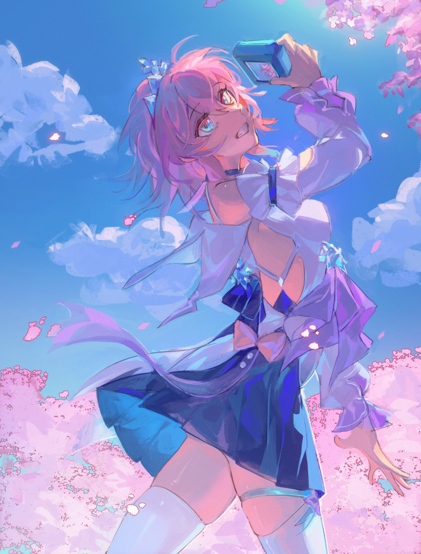 1girl, absurdres, baishun, blue_dress, blue_eyes, blue_sky, breasts, chinese_commentary