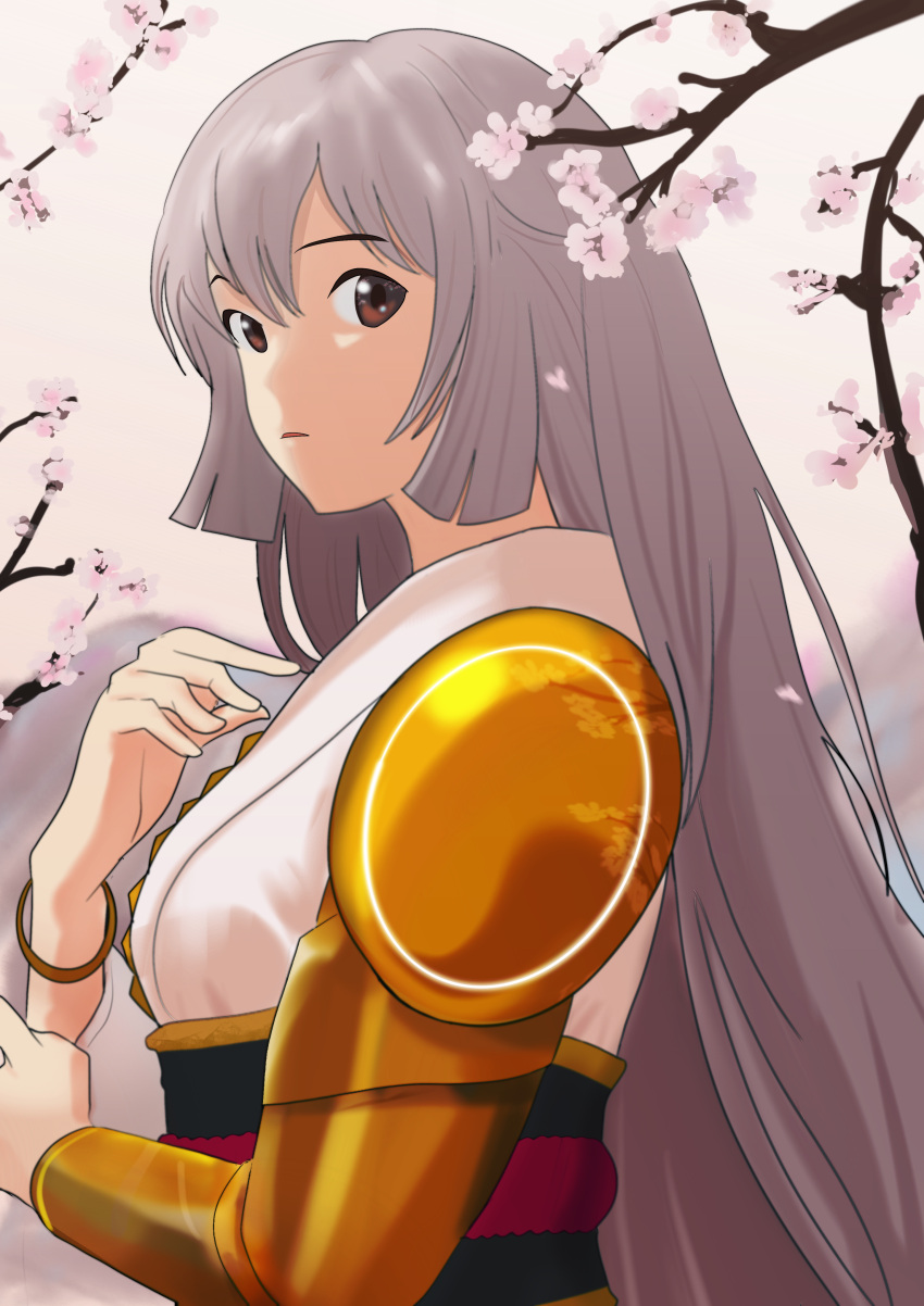 1girl, absurdres, armor, bracelet, brown_eyes, cherry_blossoms, grey_hair, hair_between_eyes
