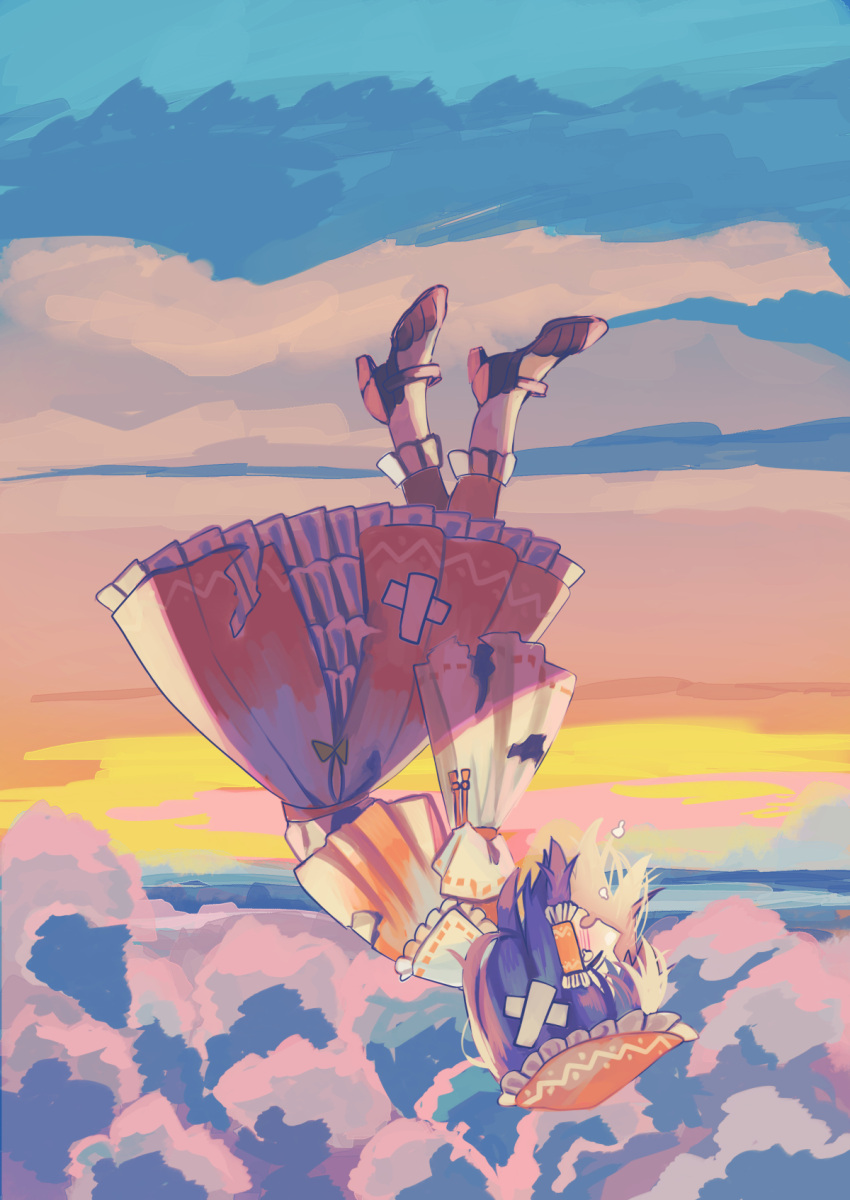 1girl, ankle_socks, bandaid, bandaid_on_clothes, bandaid_on_head, black_footwear, black_hair, blue_sky, bow, closed_eyes, clouds, collared_vest, commentary_request, crossed_bandaids, crying, culotte_(hosenrock), detached_sleeves, diao_ye_zong, falling, frilled_bow, frilled_hair_tubes, frilled_skirt, frilled_socks, frilled_vest_collar, frills, full_body, gradient_sky, hair_bow, hair_tubes, hakurei_reimu, high_heels, highres, long_skirt, long_sleeves, medium_hair, ocean, red_bow, red_ribbon, red_skirt, red_vest, ribbon, ribbon-trimmed_sleeves, ribbon-trimmed_vest, ribbon_trim, skirt, skirt_set, sky, sleeve_ribbon, socks, solo, sunset, tassel, teardrop, torn_clothes, torn_skirt, torn_sleeves, torn_vest, touhou, upside-down, vest, white_sleeves, white_socks, yellow_sky