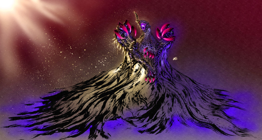 absurdres, asymmetrical_wings, chaotic_gore_magala, claws, closed_wings, deadpool_yuchan, dragon, full_body, glowing_mouth, gold_scales, gradient_background, highres, horns, light_particles, monster, monster_focus, monster_hunter_(series), monster_hunter_rise, no_humans, on_hind_legs, one-eyed, open_mouth, purple_scales, red_eyes, sharp_teeth, signature, single_horn, solo, sunlight, teeth, winged_arms, wings