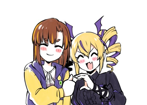 2girls, black_dress, blonde_hair, blue_jacket, blush, blush_stickers, brown_hair, chibi