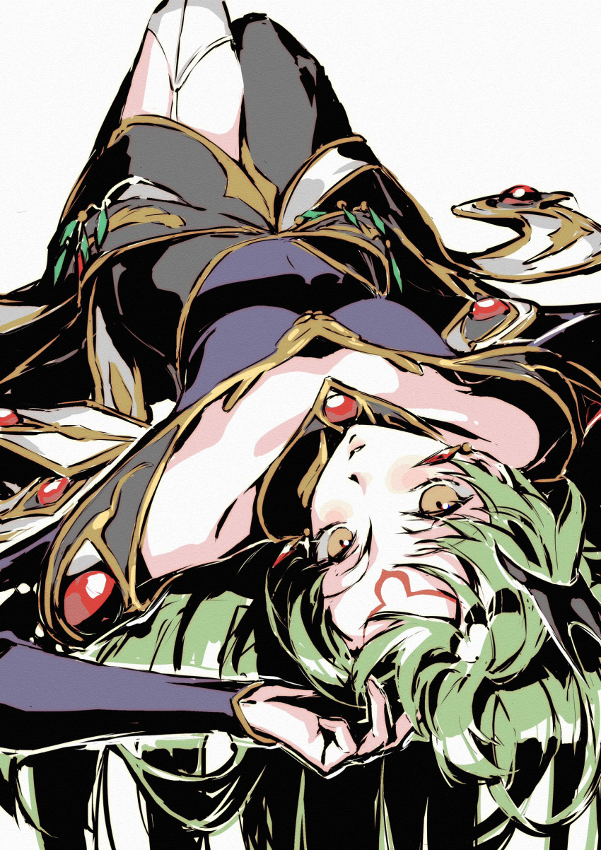 1girl, breasts, c.c., code_geass, green_hair, highres, kobayashiyouyouko, long_hair, looking_at_viewer, lying, medium_breasts, on_back, simple_background, solo, thigh-highs, very_long_hair, white_background, yellow_eyes
